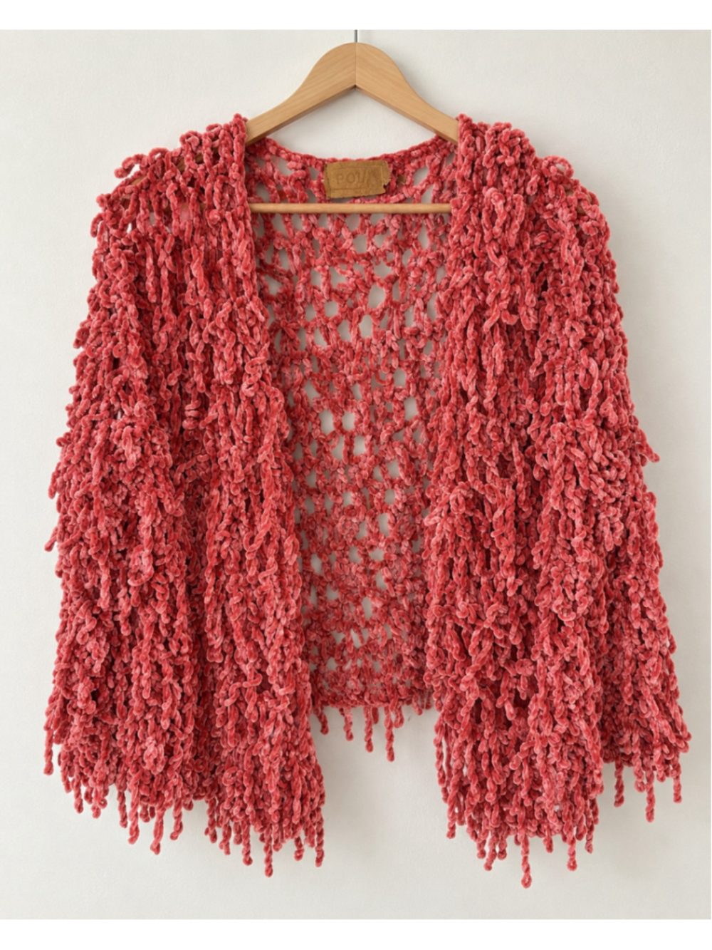 POL Coral Pink Shaggy Fringe Cardigan Open Knit Boho Cropped Sweater XL